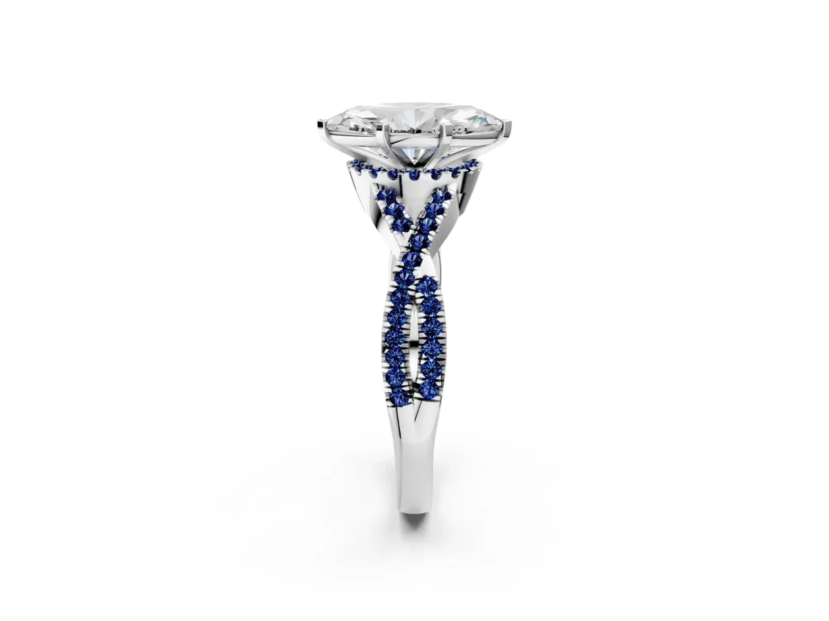 Marquise Cut Diamond Blue Sapphire Halo Twist Band Solitaire Prong Setting Ring White gold