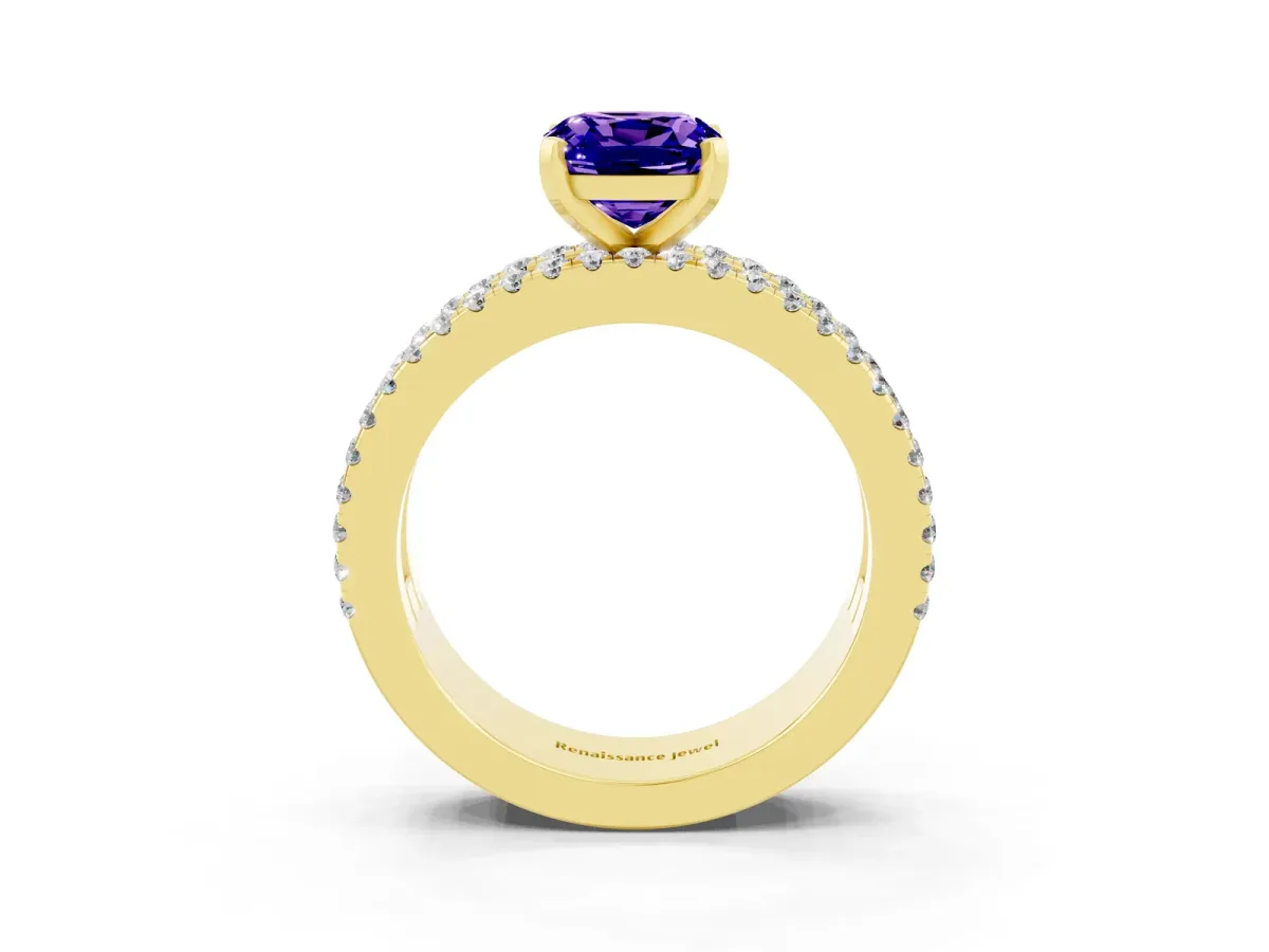 Cushion Cut Tanzanite Solitaire Ring with Pavé and Channel Set Band Yellow gold