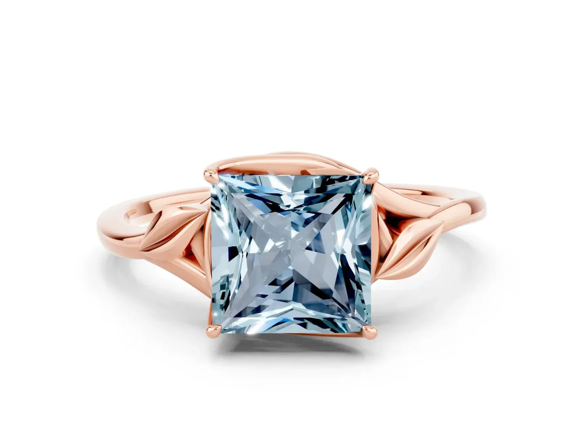 Princess Cut Aquamarine Solitaire Ring with Twist Band and Four-Prong Setting Rose gold