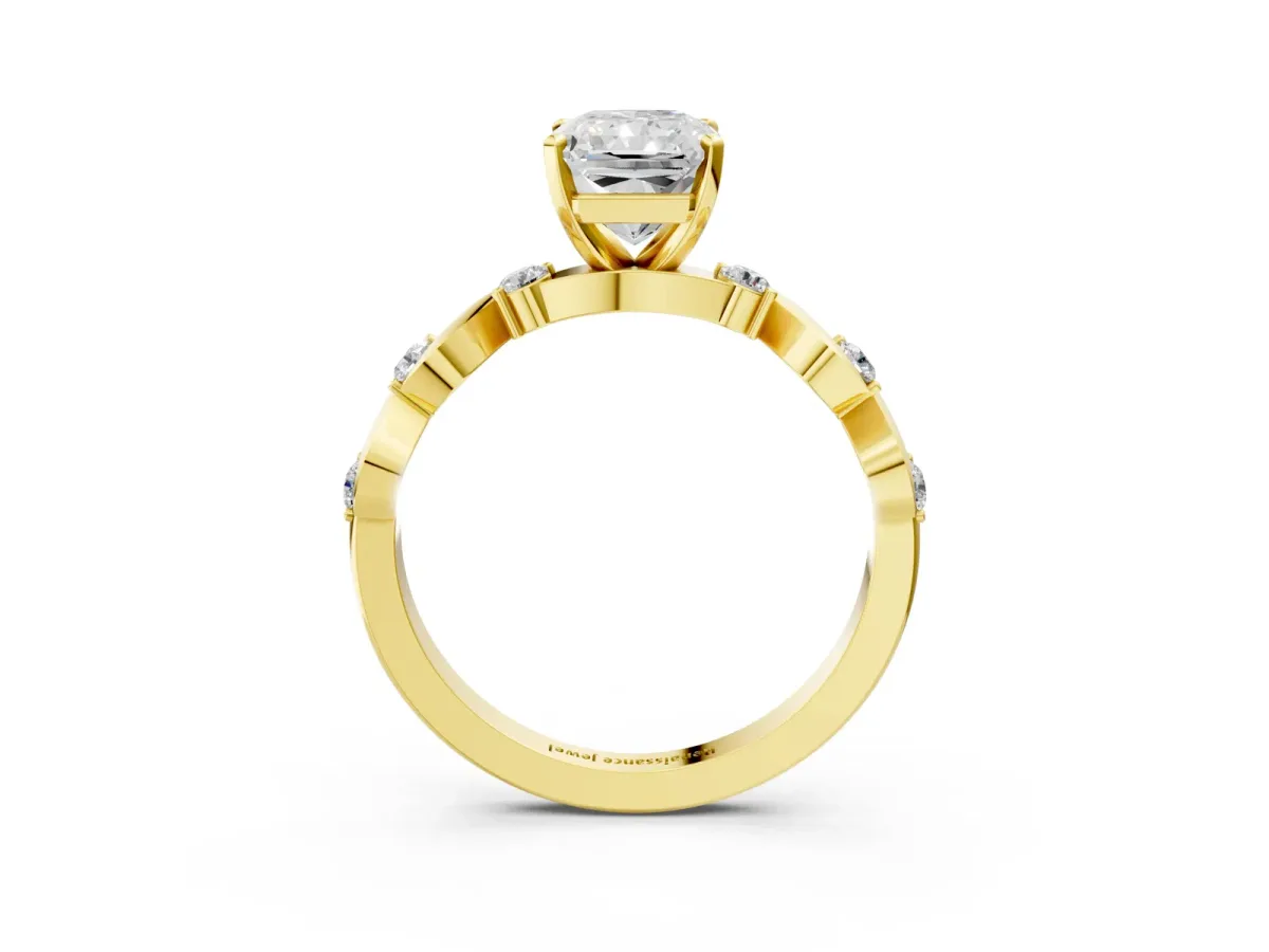 Radiant Cut Diamond Solitaire Twisted Band with Round Accents and Prong Setting Yellow gold