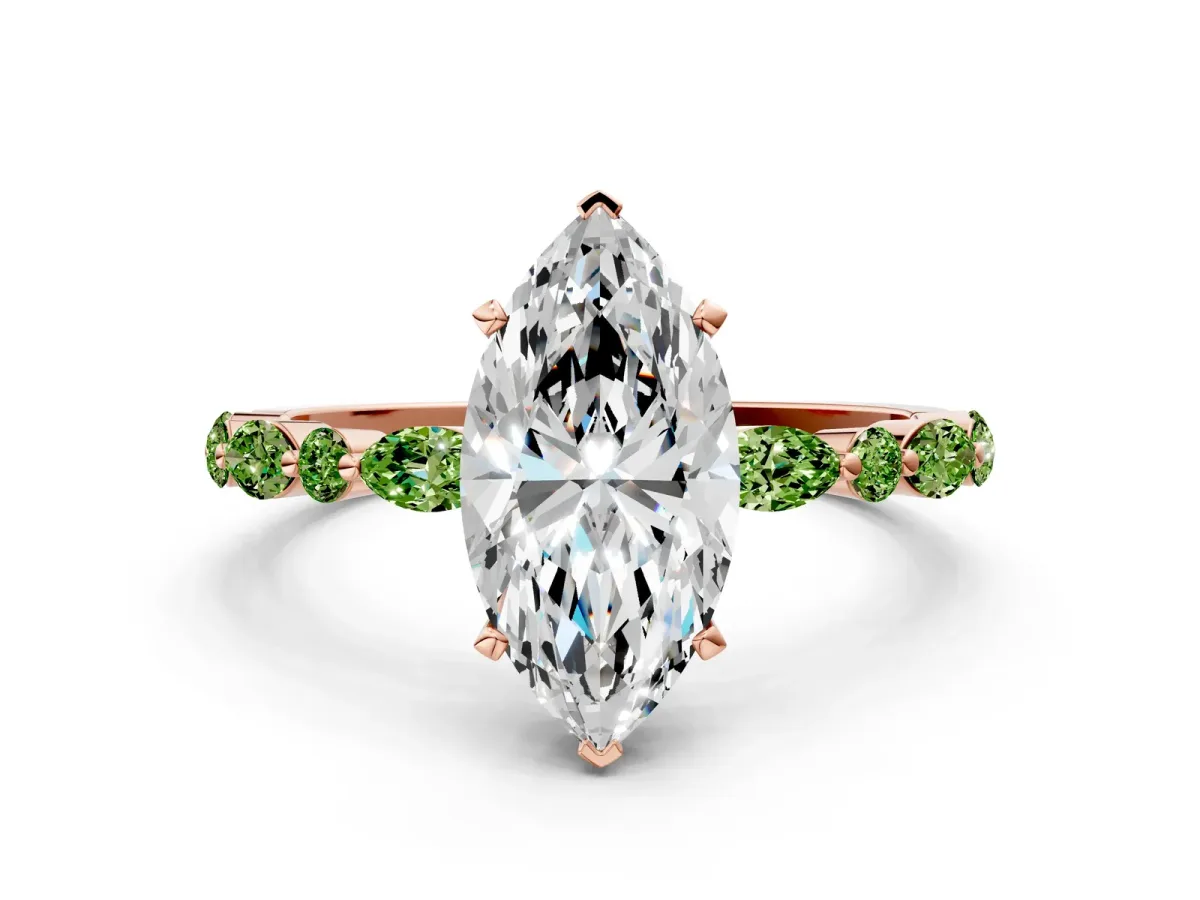Marquise Cut Diamond Ring with Marquise and Round Peridot Side Stones and Four-Prong Setting Rose gold