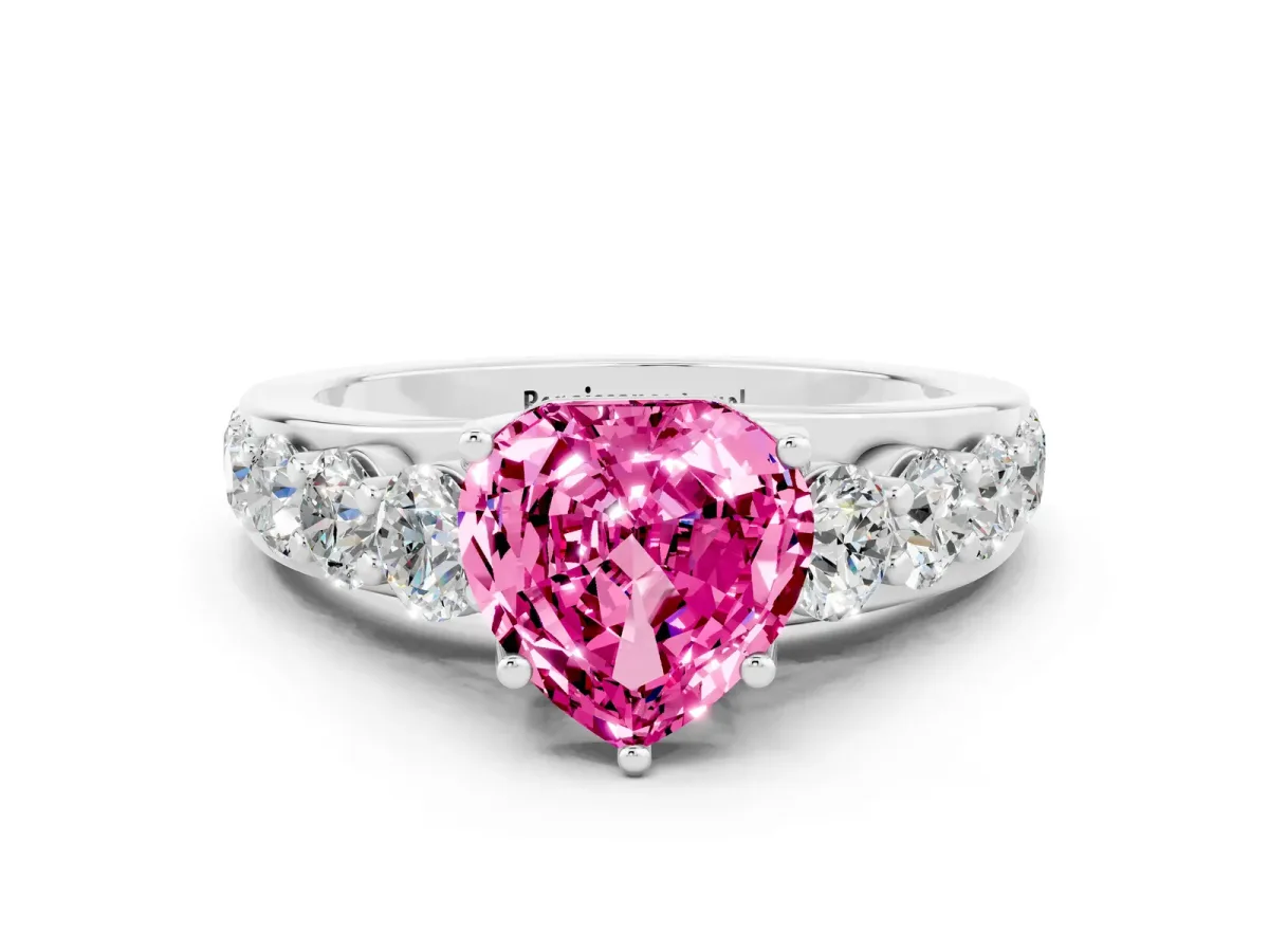 Heart Cut Pink Sapphire Engagement Ring with Pavé Band and Four-Prong Setting White gold