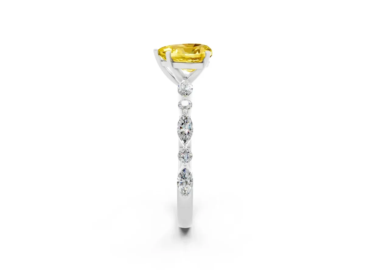 Heart Cut Yellow Sapphire Ring with Marquise and Round Side Stones and Four-Prong Setting White gold