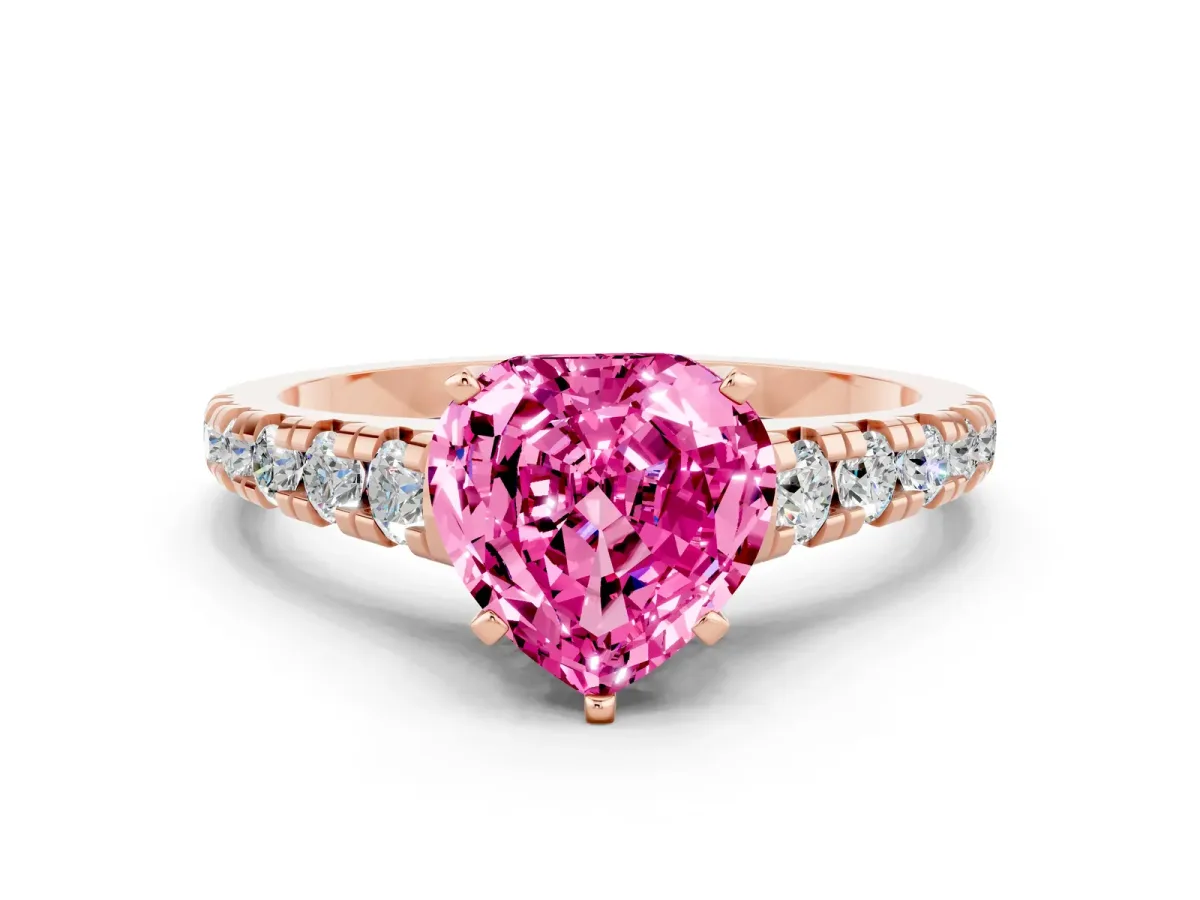 Heart Cut Pink Sapphire Cathedral Solitaire Ring with Round Pavé Band Rose gold