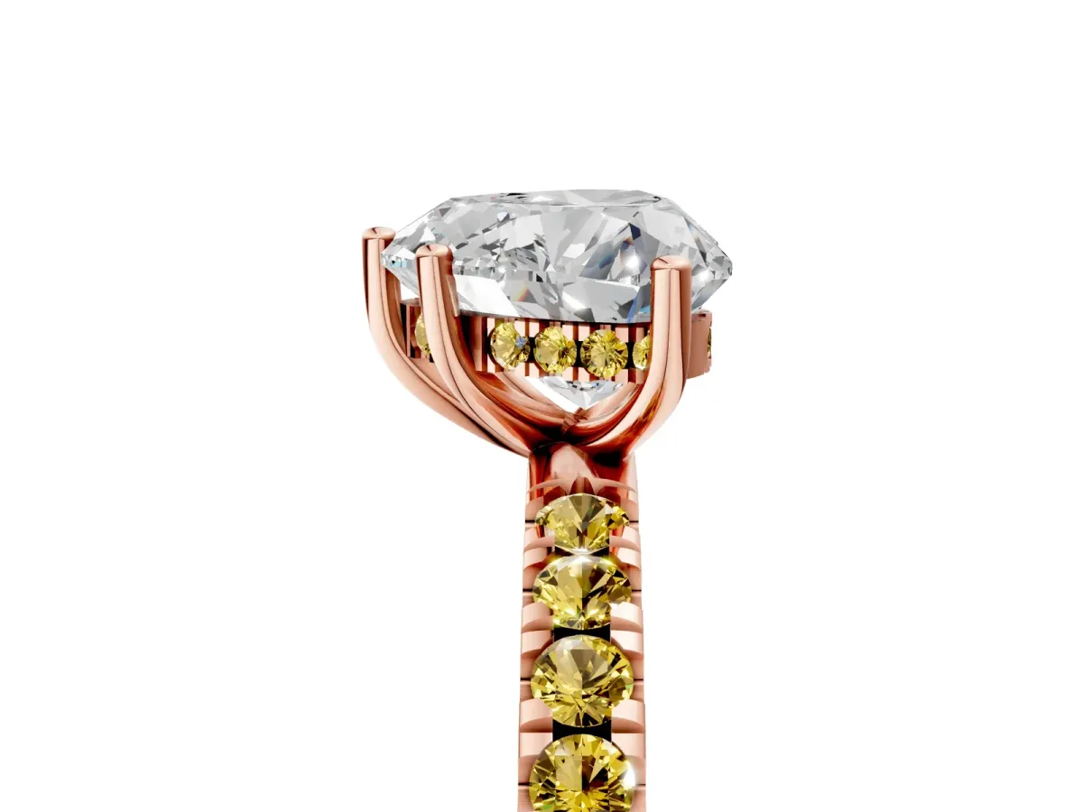 Heart Cut Diamond Pave Band Solitaire Ring with Round Yellow Sapphire and Prong Setting Rose gold