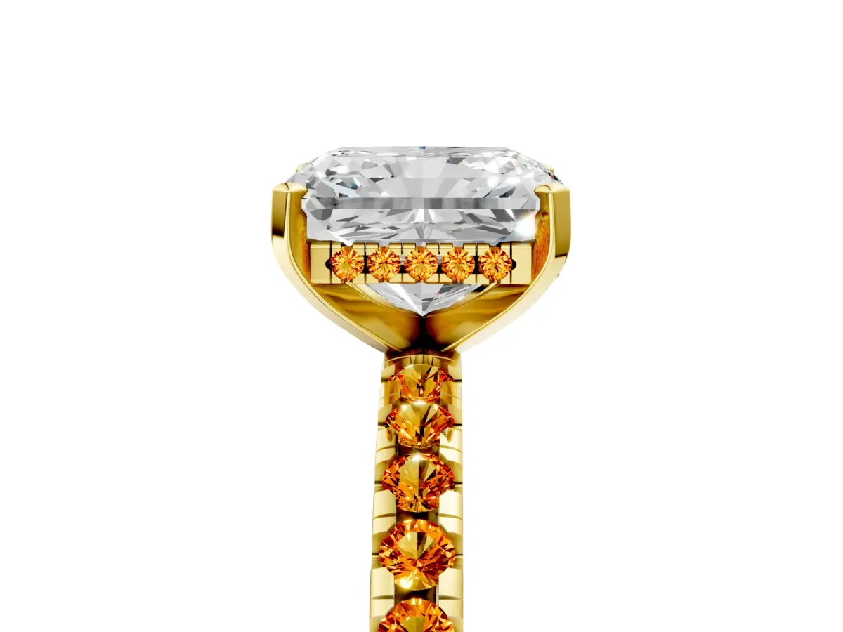 Radiant Cut Diamond Solitaire Ring with Round Citrine Pavé Band and Four-Prong Setting Yellow gold
