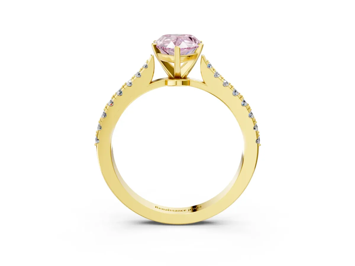 Fancy Pink Pear Cut Cut Solitaire Diamond Engagement Ring with Pave Band and Four-Prong Setting Yellow gold