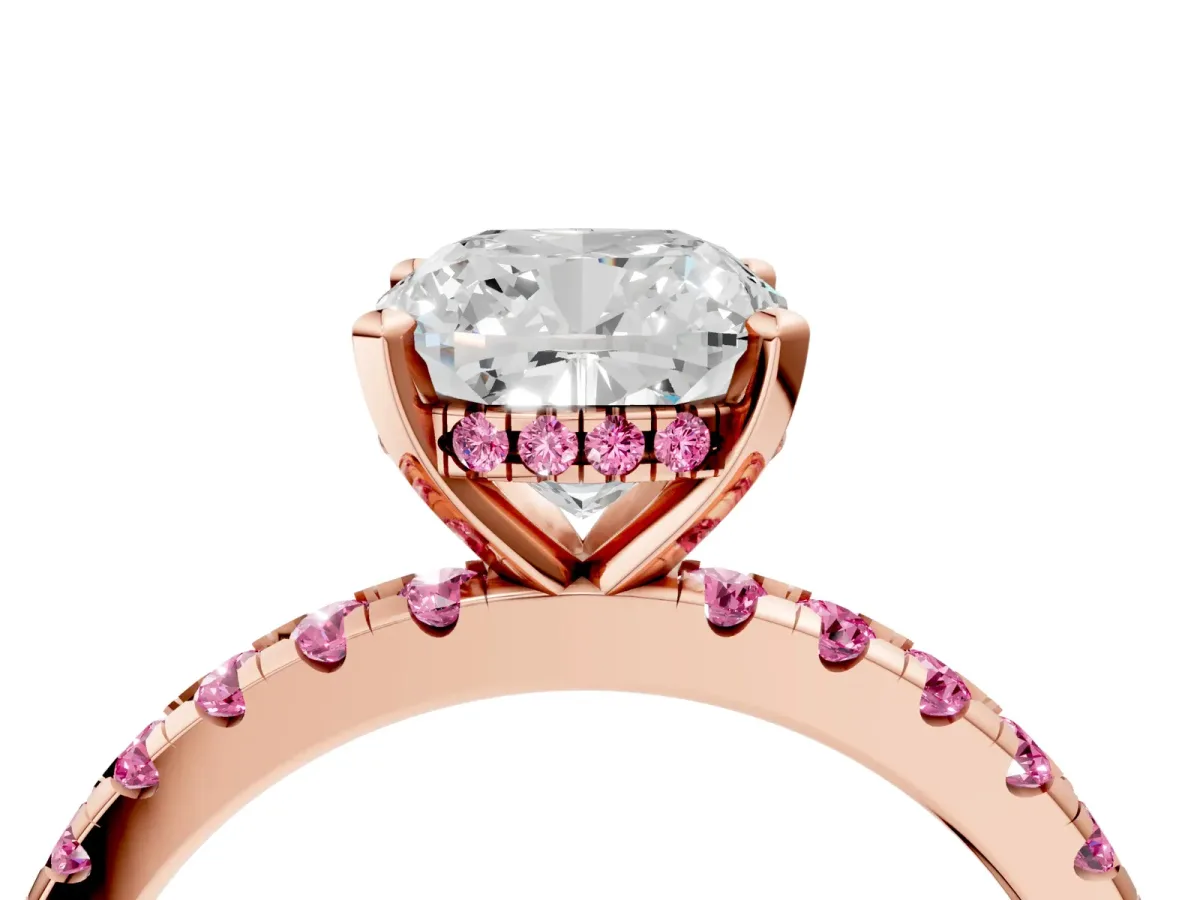 Cushion Cut Diamond Solitaire Ring with Round Pink Sapphire Pavé Band and Four-Prong Setting Rose gold