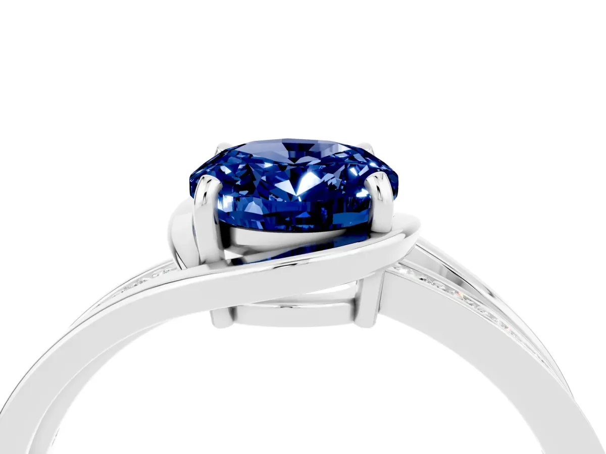 Oval Cut Blue Sapphire Solitaire Ring with Split Shank and Prong Setting White gold