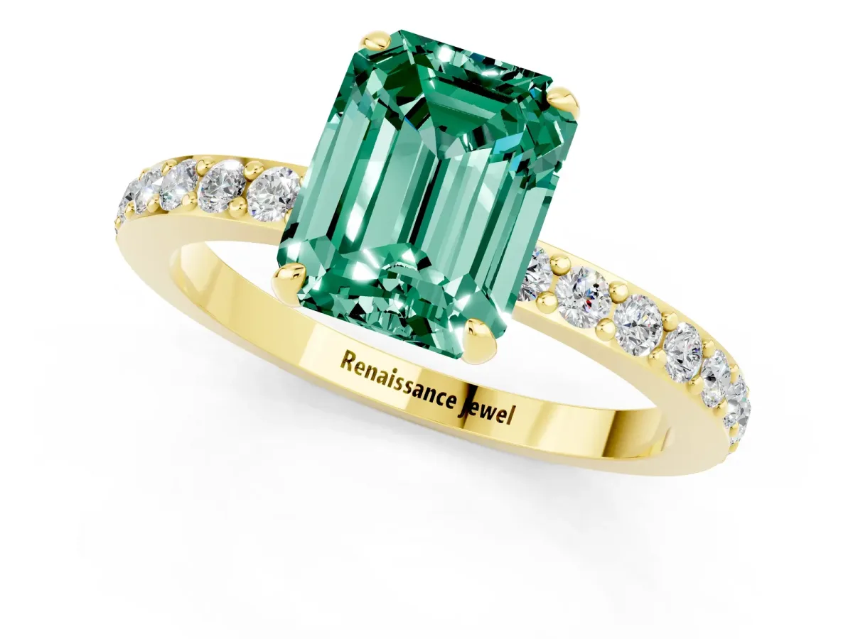 Emerald Cut Green Sapphire Solitaire Engagement Ring with Pavé Band and Four-Prong Setting Yellow gold