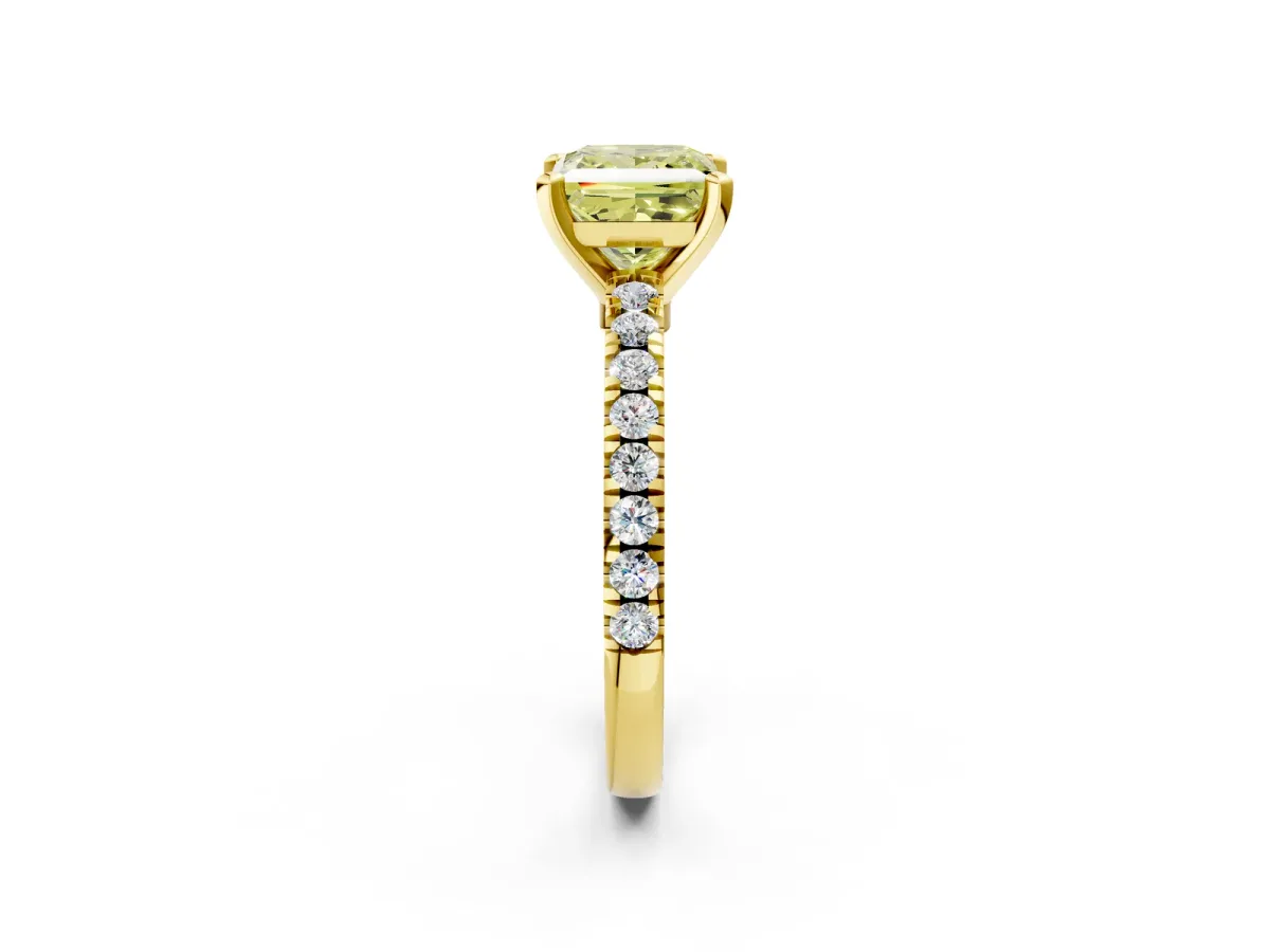 Fancy Yellow Princess Cut Solitaire Diamond with Pavé Band and Four-Prong Setting Yellow gold