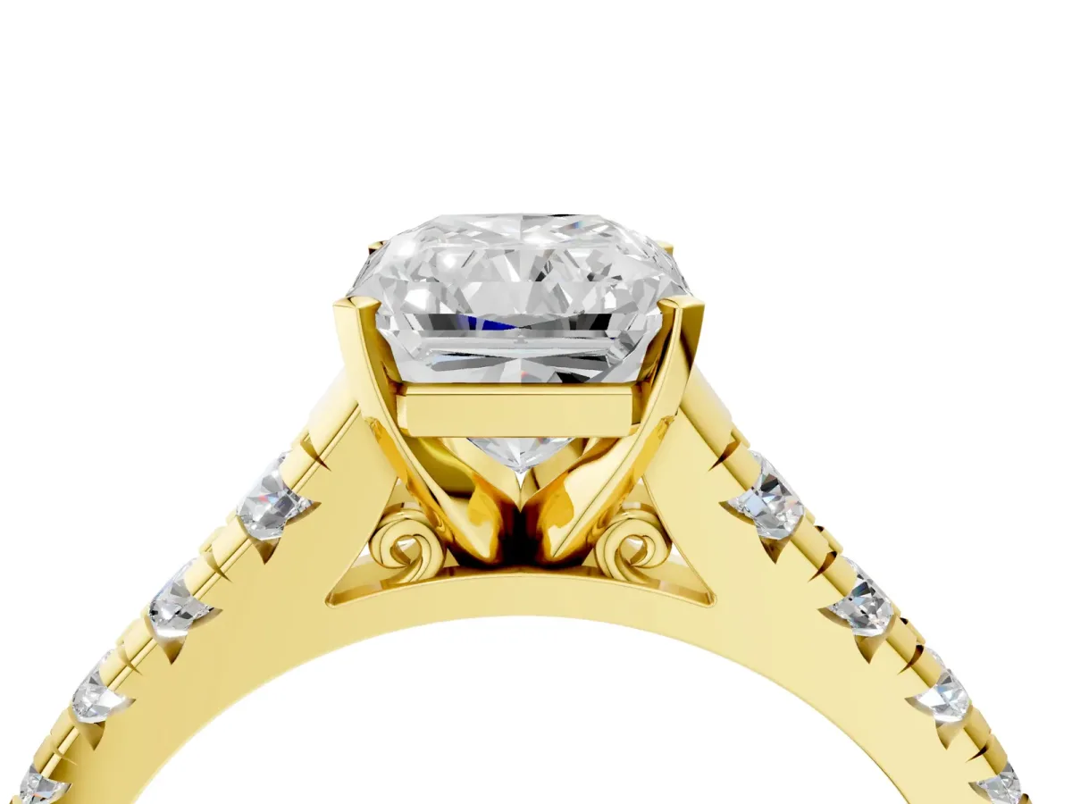 Radiant Cut Diamond Cathedral Solitaire Ring with Round Moissanite Pavé Band Yellow gold