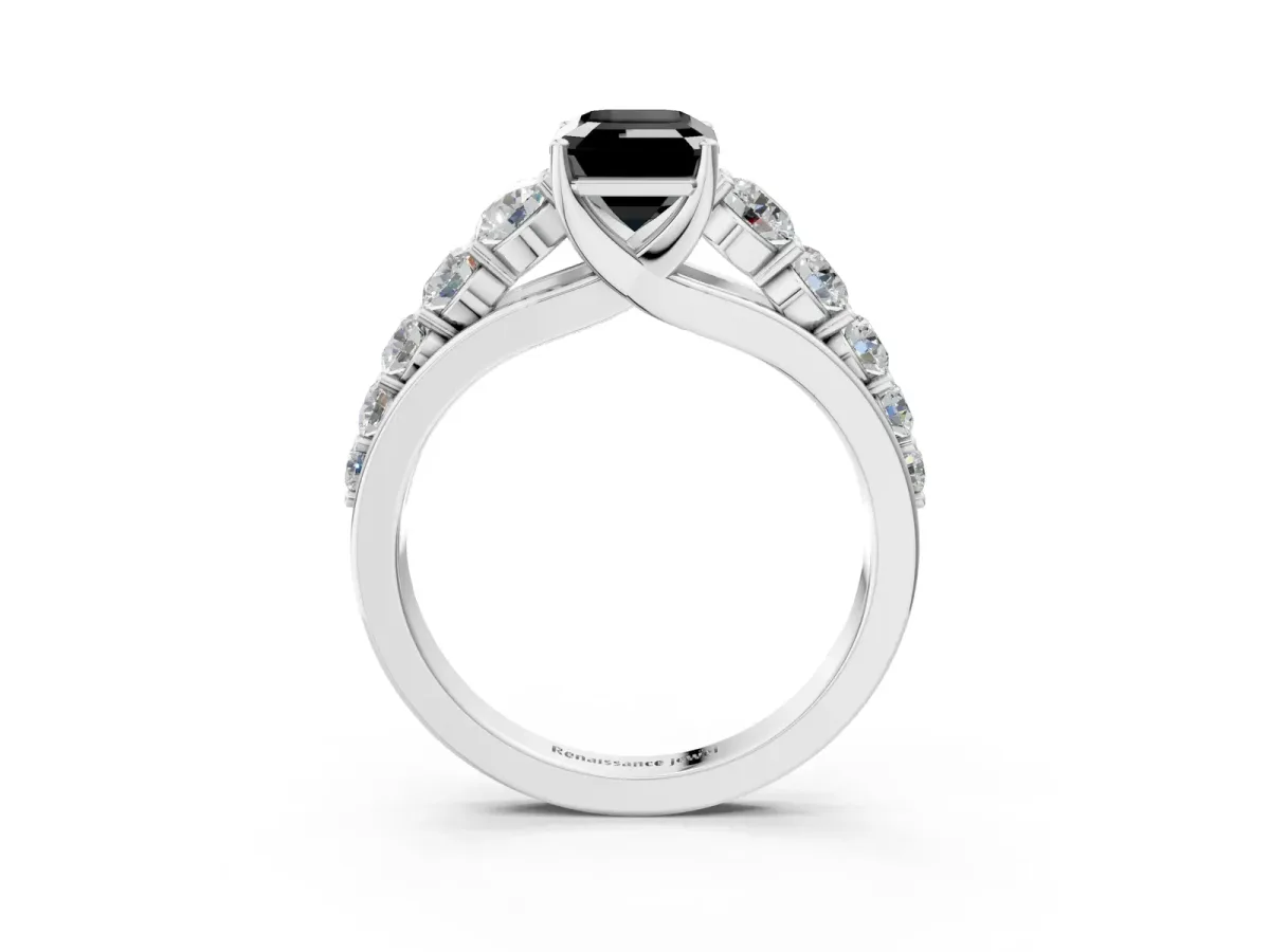 Fancy Black Emerald Cut Brilliant Diamond Pavé Band with Six-Prong Setting Silver