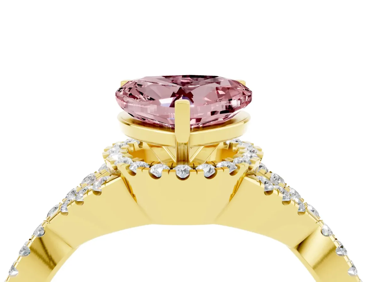 Heart Cut Morganite Halo Twist Band Solitaire Prong Setting Ring Yellow gold