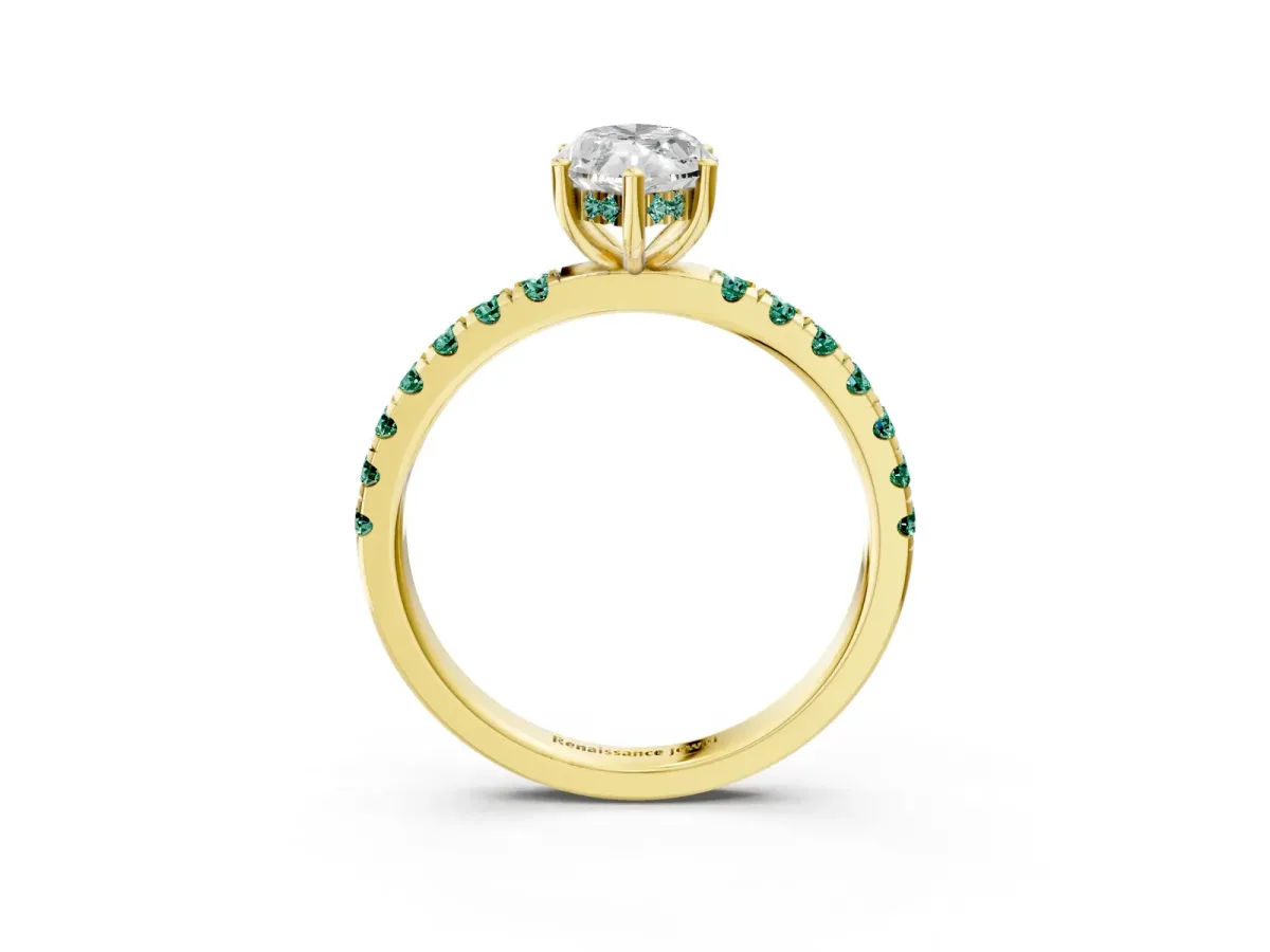 Marquise Cut Diamond Pave Band Solitaire Ring with Round Green Sapphire and Prong Setting Yellow gold