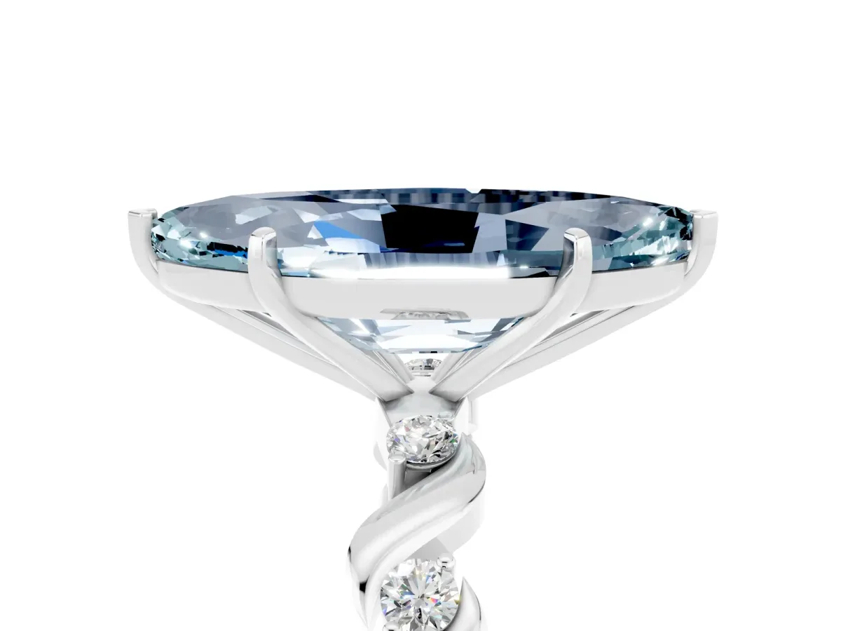 Marquise Cut Aquamarine Solitaire Twisted Band with Round Accents and Prong Setting Platinum