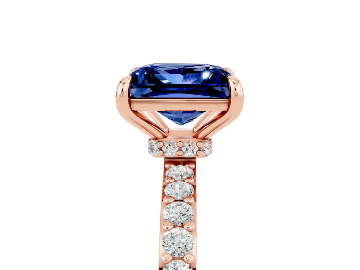 Princess Cut Blue Sapphire Solitaire Engagement Ring with Pavé Band and Four-Prong Setting Rose gold