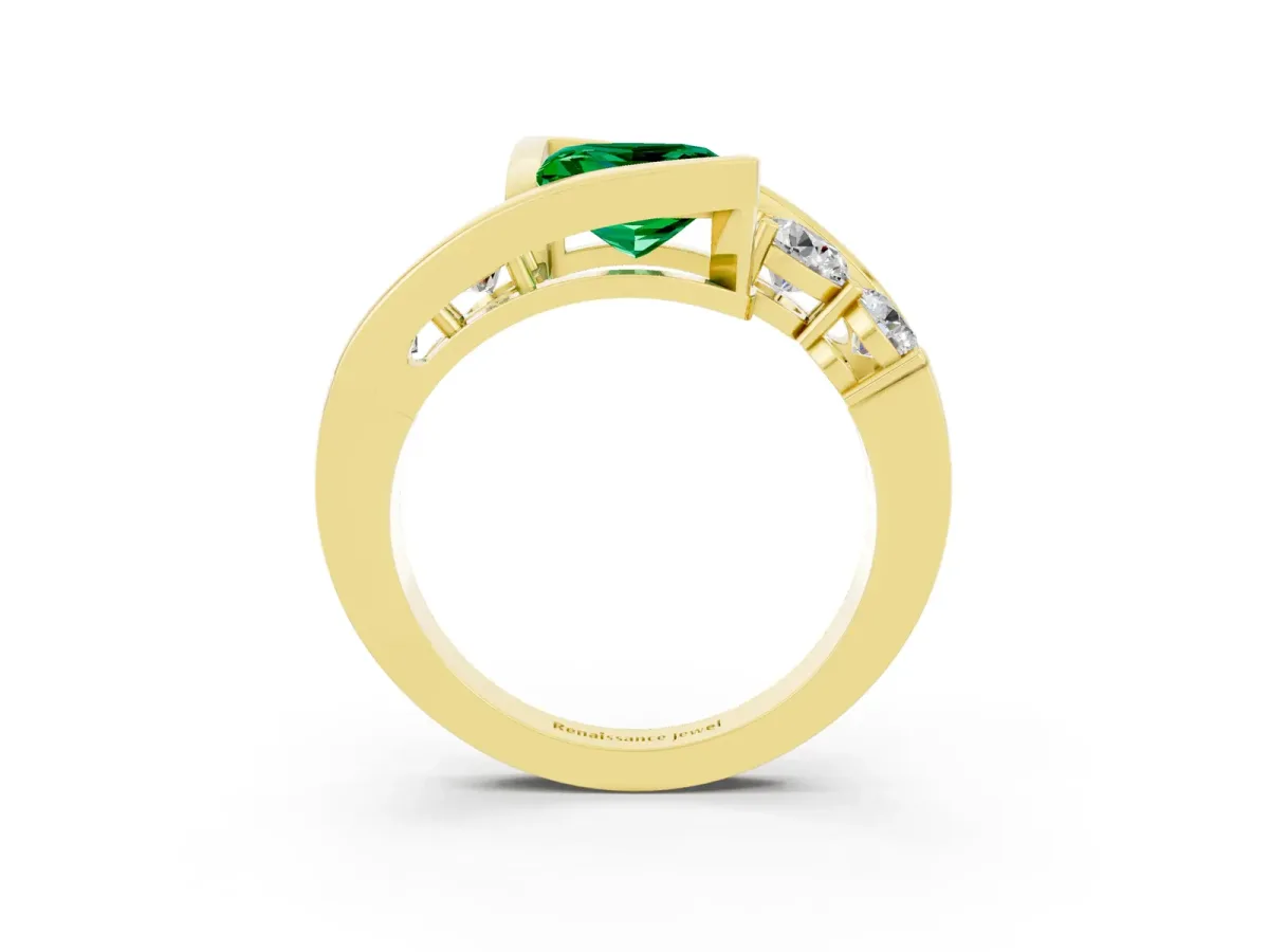 Bezel Set Princess Cut Emerald Bypass Ring with Round Accents Yellow gold