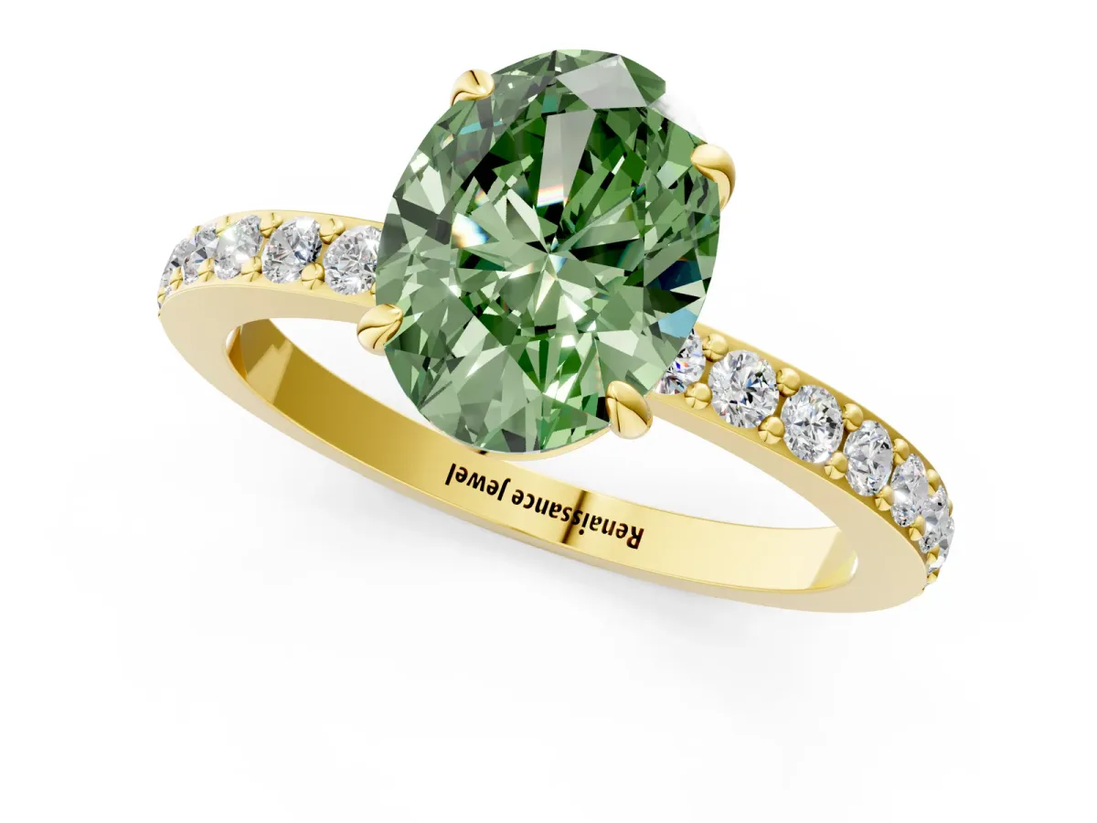 Fancy Green Oval Cut Diamond Solitaire Engagement Ring with Pavé Band and Four-Prong Setting Yellow gold