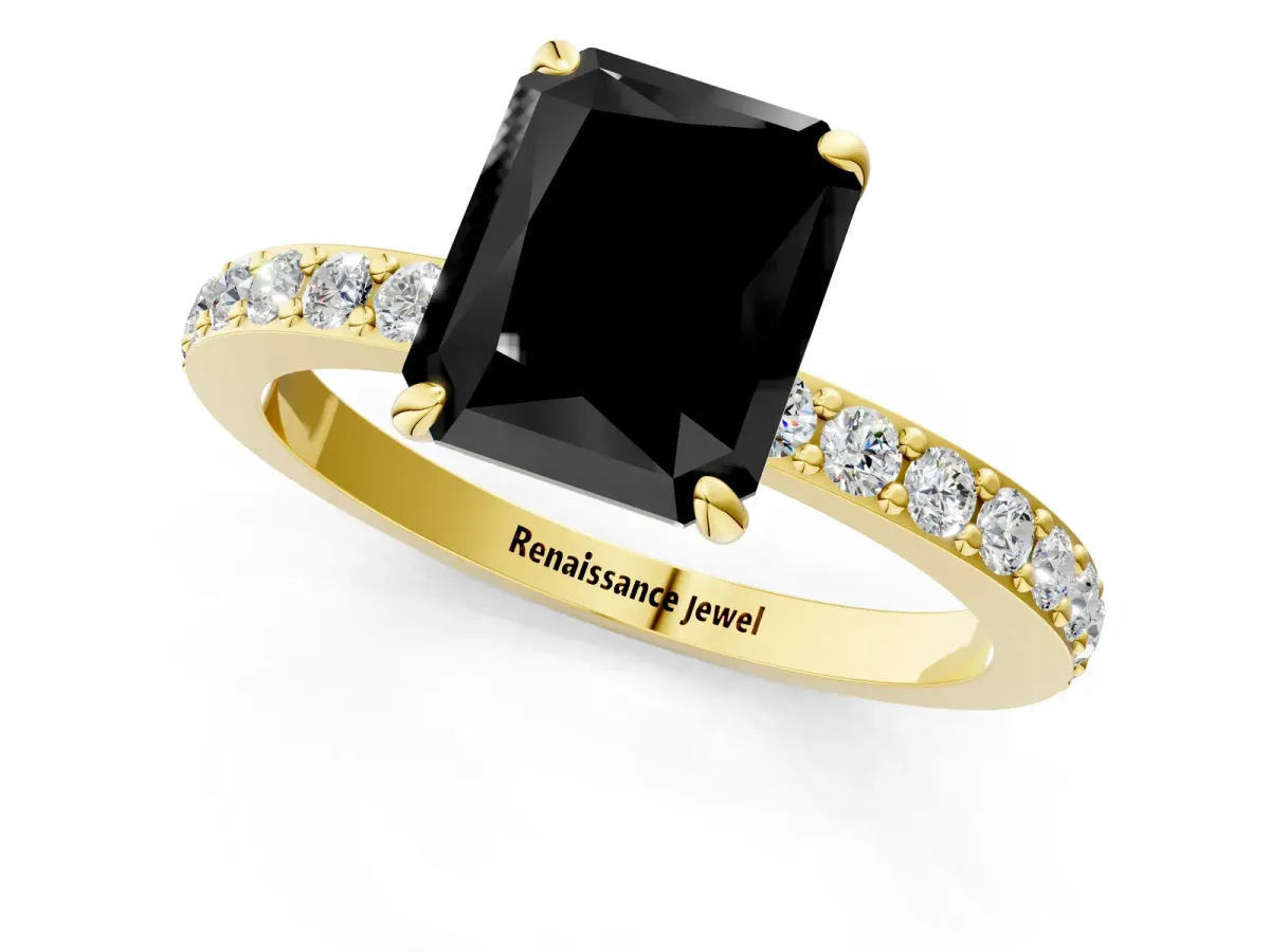 Fancy Black Radiant Cut Diamond Solitaire Engagement Ring with Pavé Band and Four-Prong Setting Yellow gold