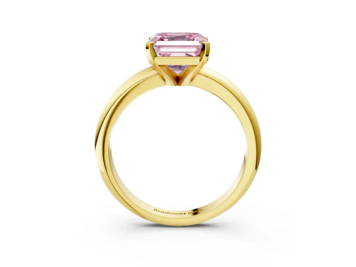 Fancy Pink Asscher Cut Diamond Solitaire Engagement Ring with Round Band and Four-Prong Setting Yellow gold