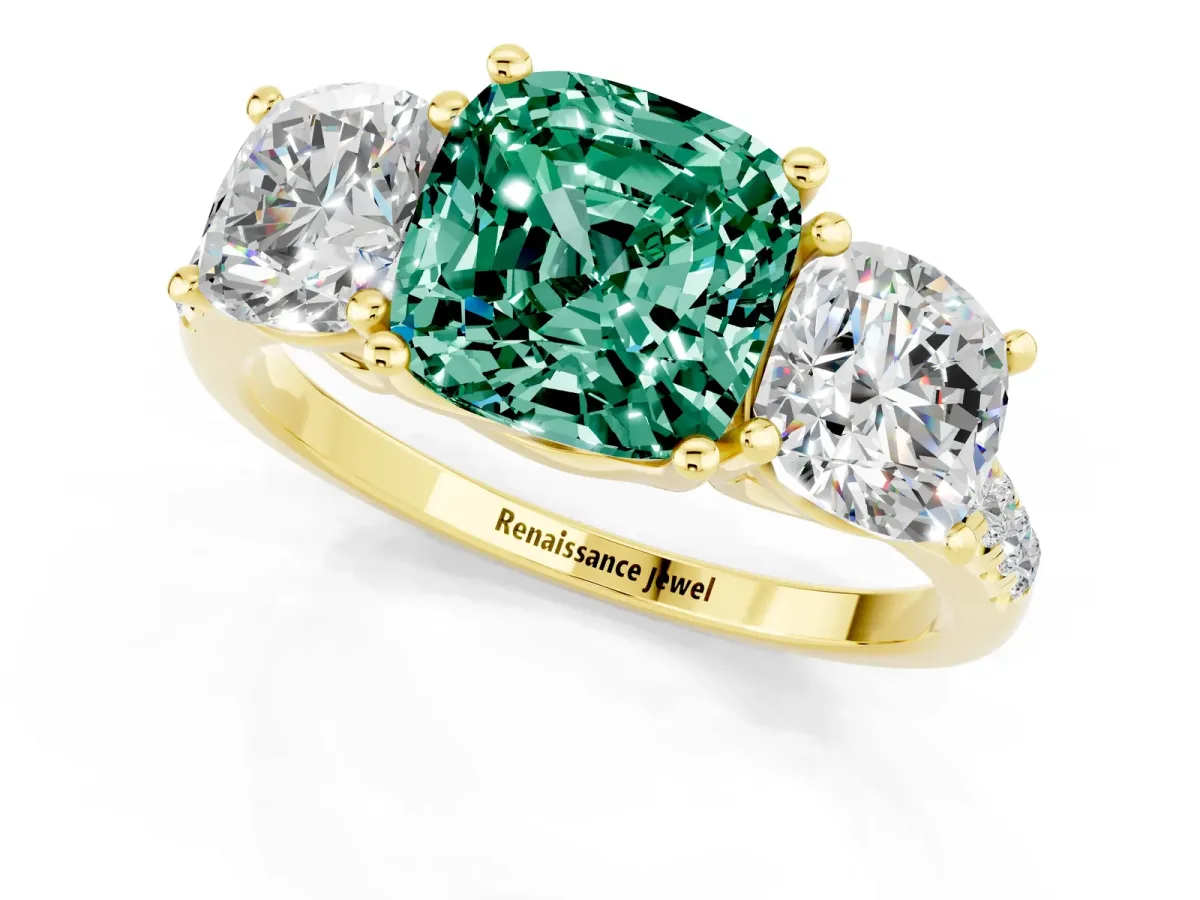 Three-Stone Cushion Cut Green Sapphire Ring with Round Pavé Band and Prong Setting Yellow gold