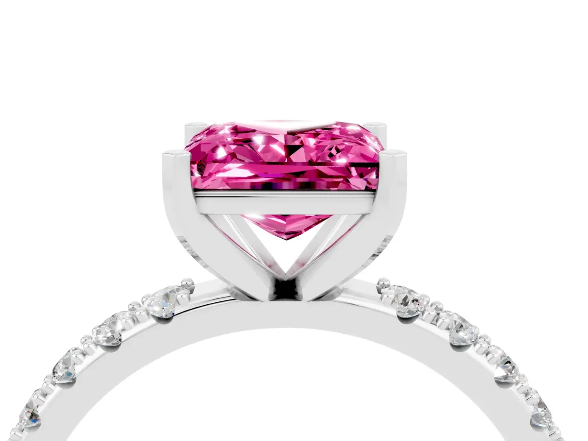 Princess Cut Pink Sapphire Solitaire Pavé Band with Four-Prong Setting Silver
