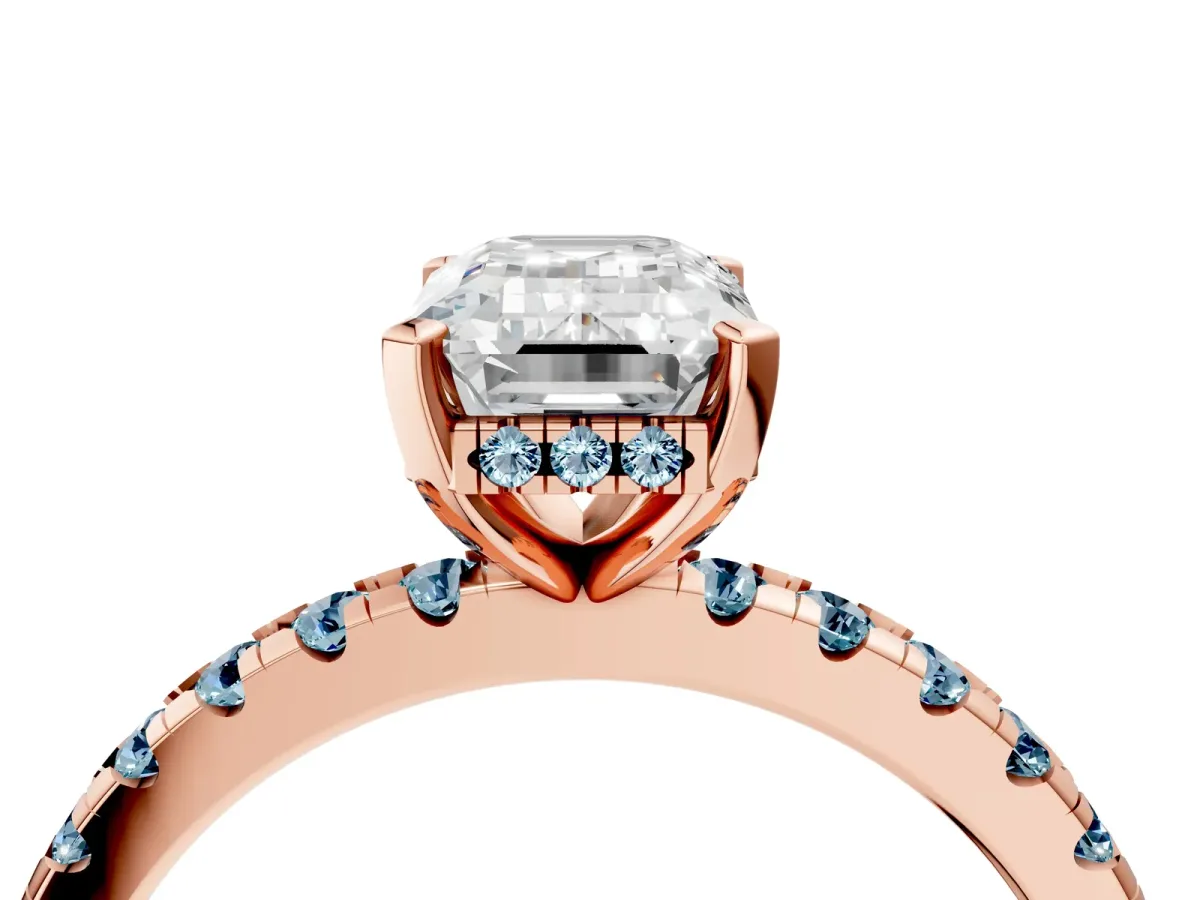 Emerald Cut Diamond Solitaire Ring with Round Aquamarine Pavé Band and Four-Prong Setting Rose gold