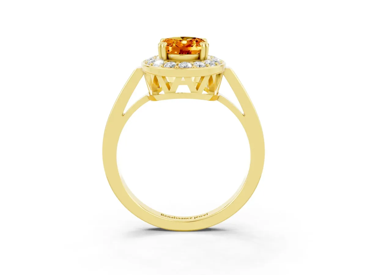 Oval Cut Citrine Halo Ring with Split Shank and Four-Prong Setting Yellow gold