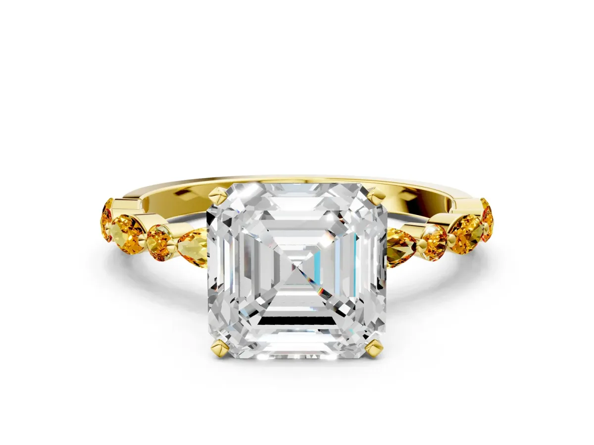 Asscher Cut Diamond Ring with Marquise and Round Citrine Side Stones and Four-Prong Setting Yellow gold