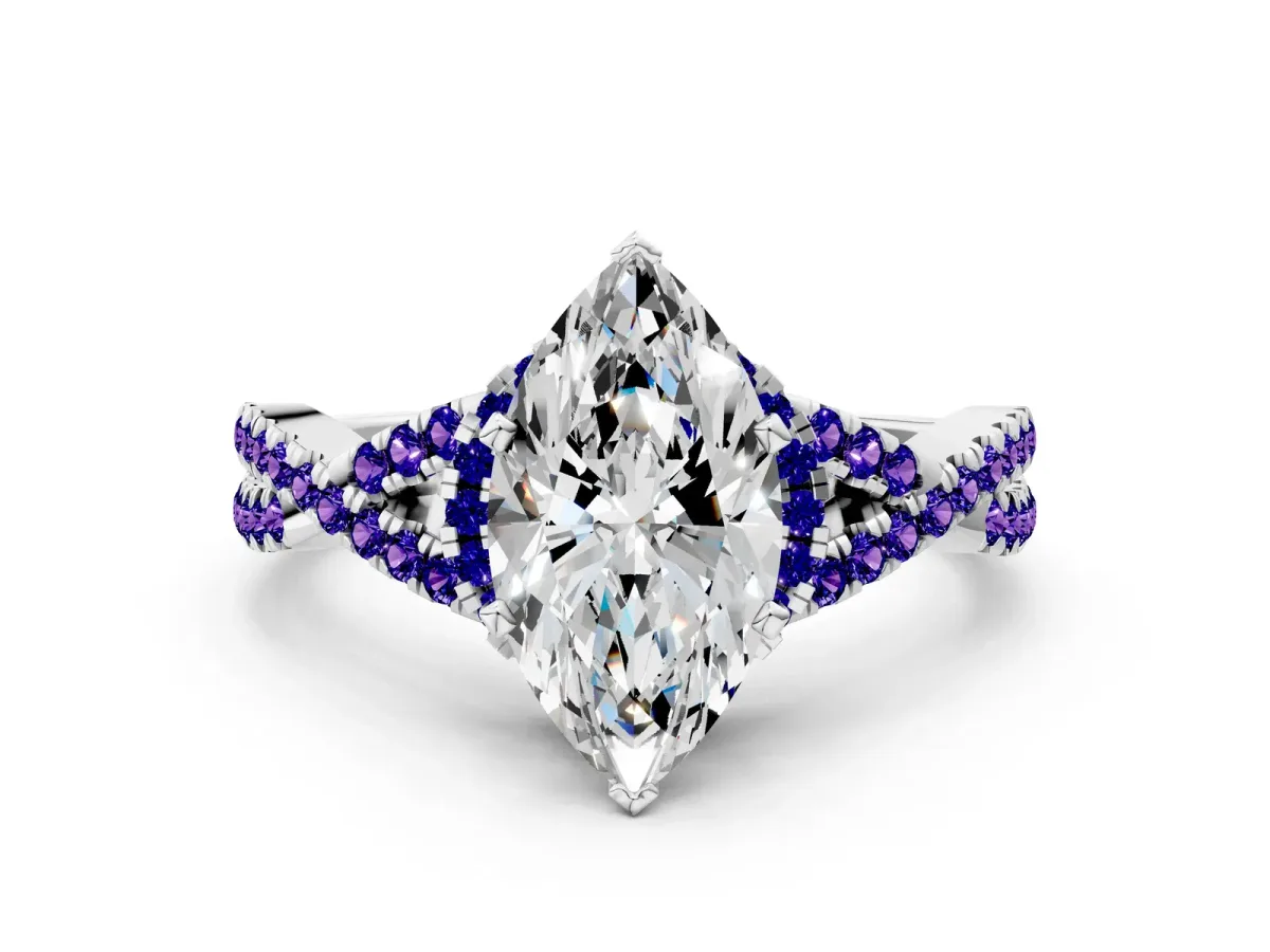 Marquise Cut Diamond Tanzanite Halo Twist Band Solitaire Prong Setting Ring White gold