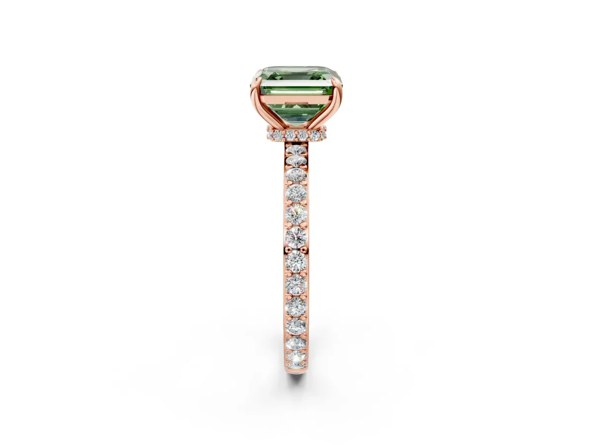 Fancy Green Asscher Cut Diamond Solitaire Engagement Ring with Pavé Band and Four-Prong Setting Rose gold