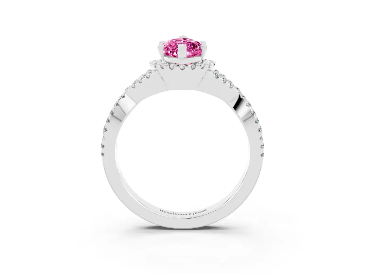 Marquise Cut Pink Sapphire Halo Twist Band Solitaire Prong Setting Ring White gold
