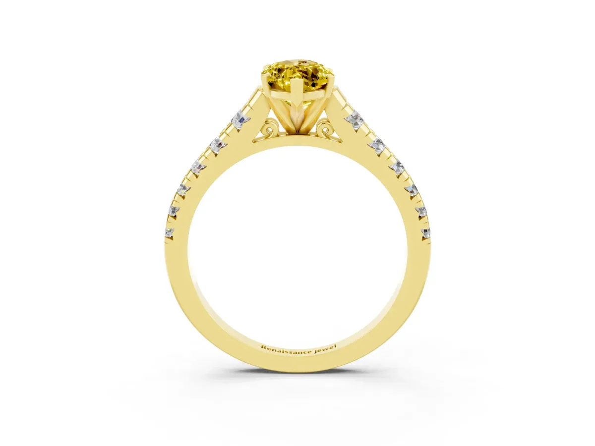 Marquise Cut Yellow Sapphire Cathedral Solitaire Ring with Round Pavé Band Yellow gold