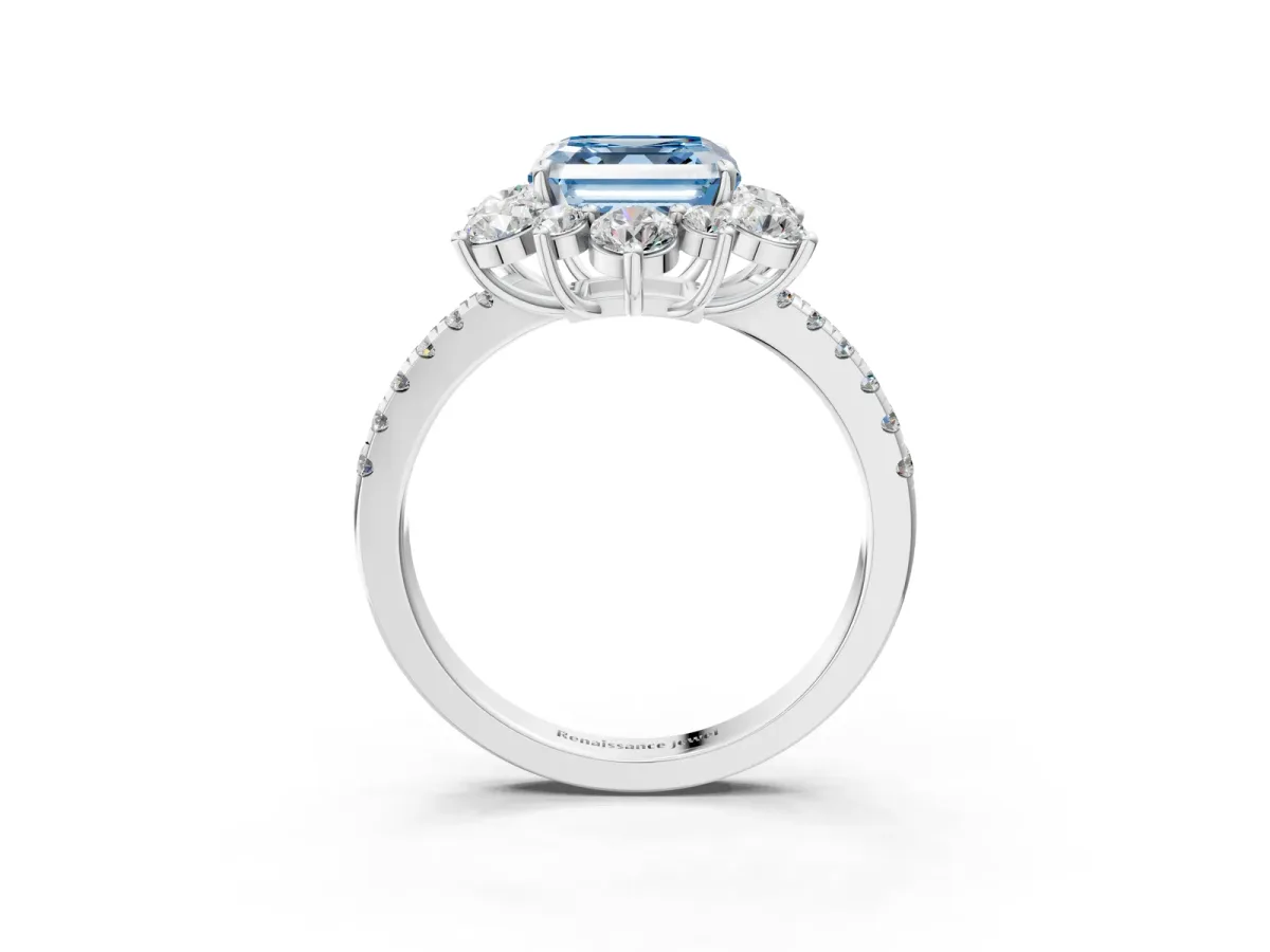 Fancy Blue Asscher Cut Diamond Floral Halo Ring with Round Pavé Band and Prong Setting Platinum