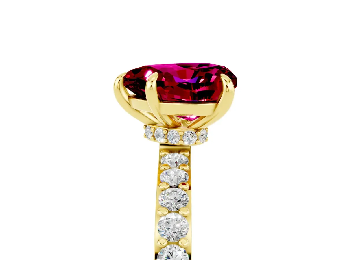 Heart Cut Garnet Solitaire Engagement Ring with Pavé Band and Four-Prong Setting Yellow gold