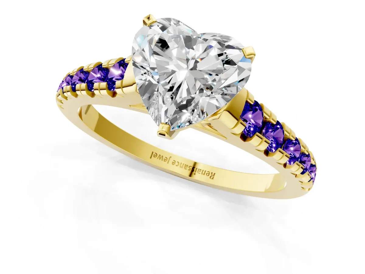 Heart Cut Diamond Cathedral Solitaire Ring with Round Tanzanite Pavé Band Yellow gold