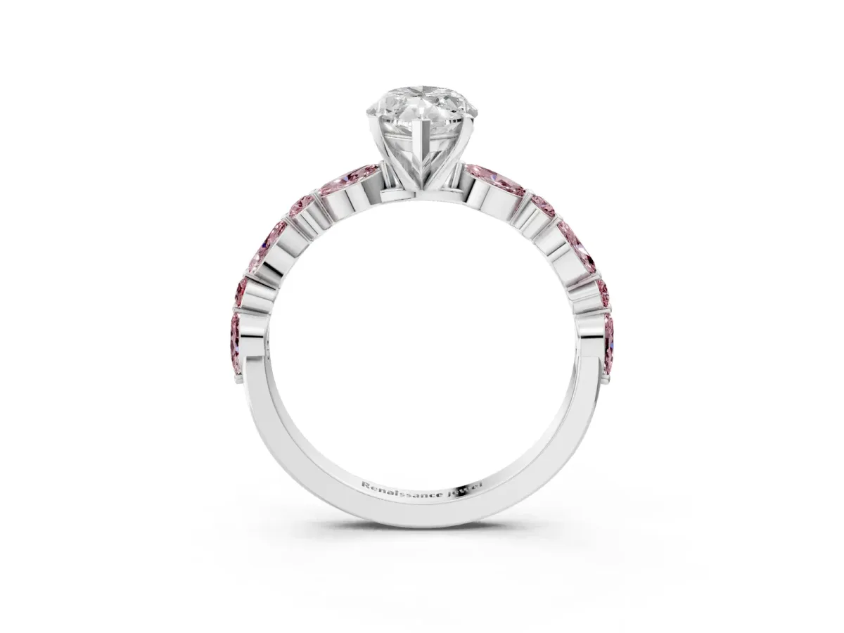 Marquise Cut Diamond Ring with Marquise and Round Morganite Side Stones and Four-Prong Setting White gold