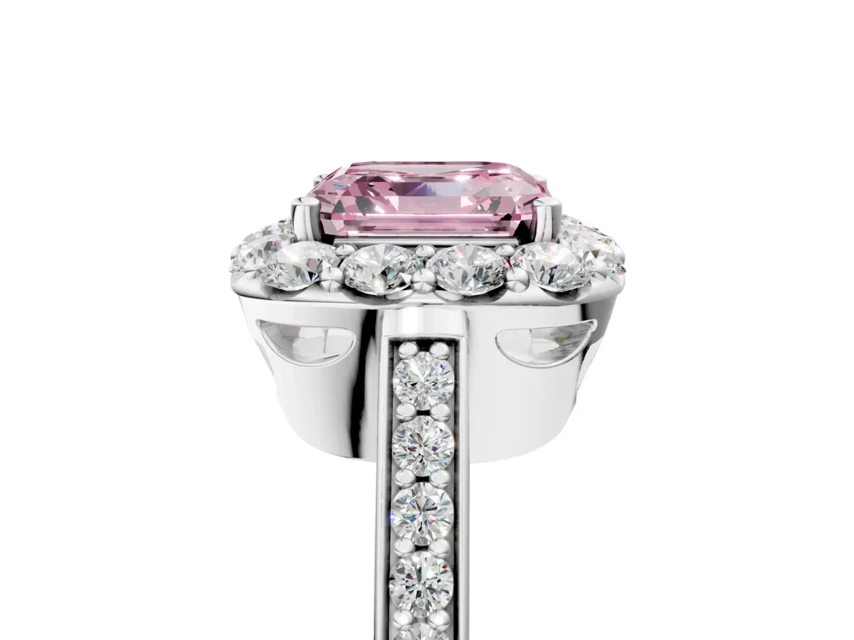 Fancy Pink Asscher Cut Diamond Floral Halo Ring with Pavé Band and Prong Setting Platinum