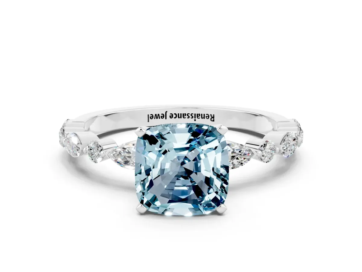 Cushion Cut Aquamarine Ring with Marquise and Round Side Stones and Four-Prong Setting White gold