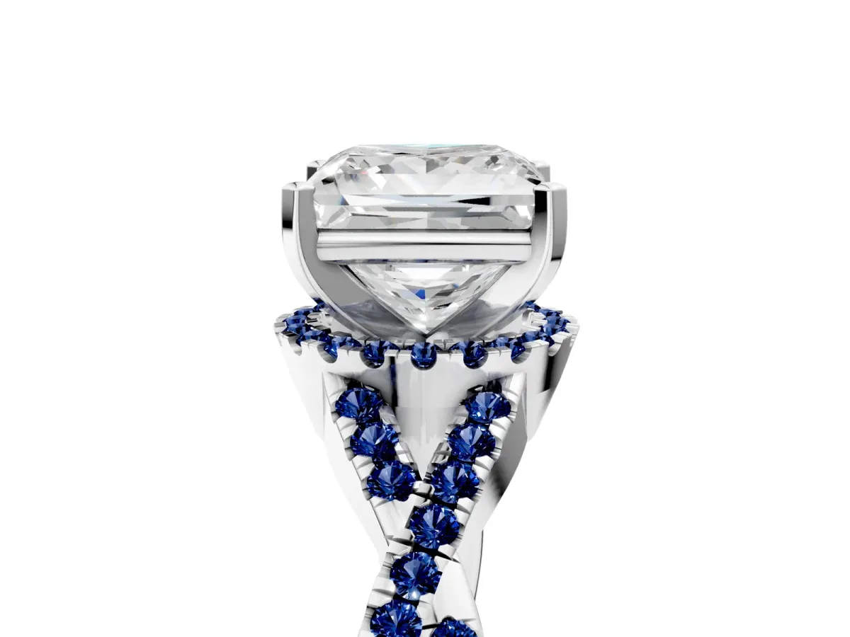 Princess Cut Diamond Blue Sapphire Halo Twist Band Solitaire Prong Setting Ring White gold