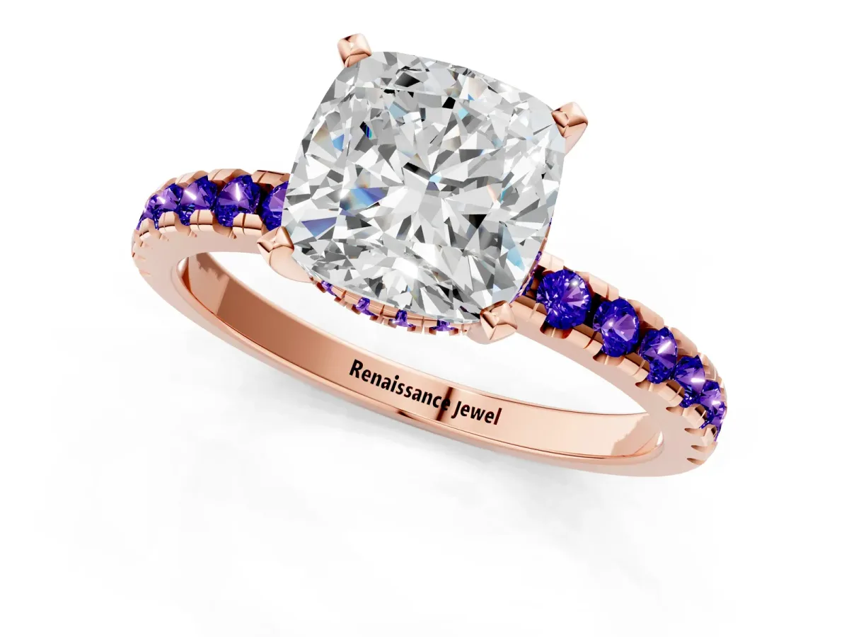 Cushion Cut Diamond Solitaire Ring with Round Tanzanite Pavé Band and Four-Prong Setting Rose gold
