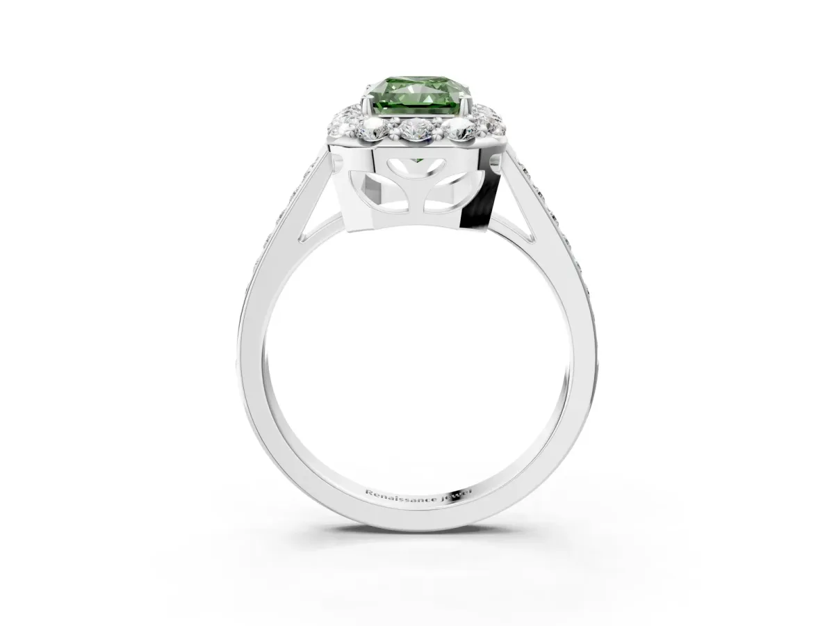 Fancy Green Radiant Cut Diamond Floral Halo Ring with Pavé Band and Prong Setting Platinum