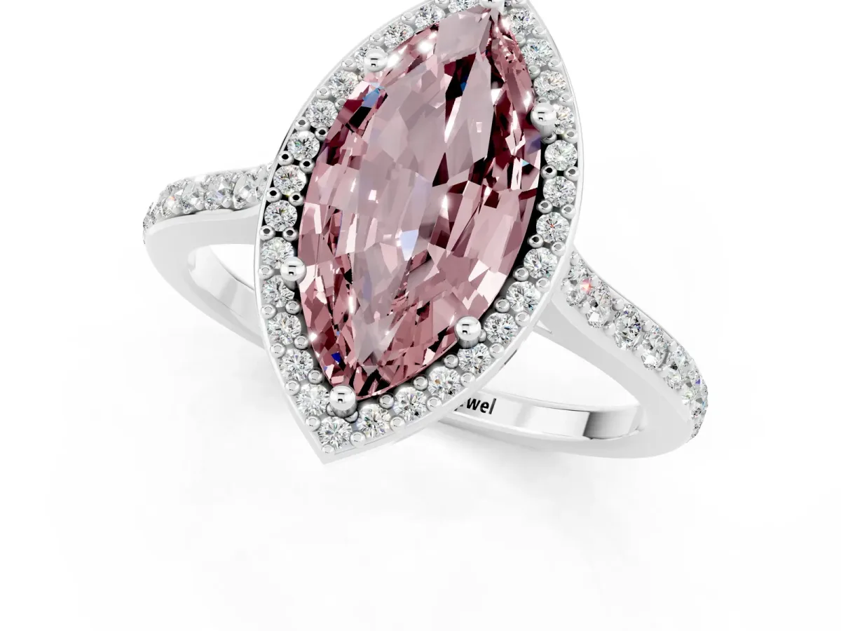 Marquise Cut Morganite Halo Engagement Ring with Round Pavé Shoulders and Prong Setting Platinum