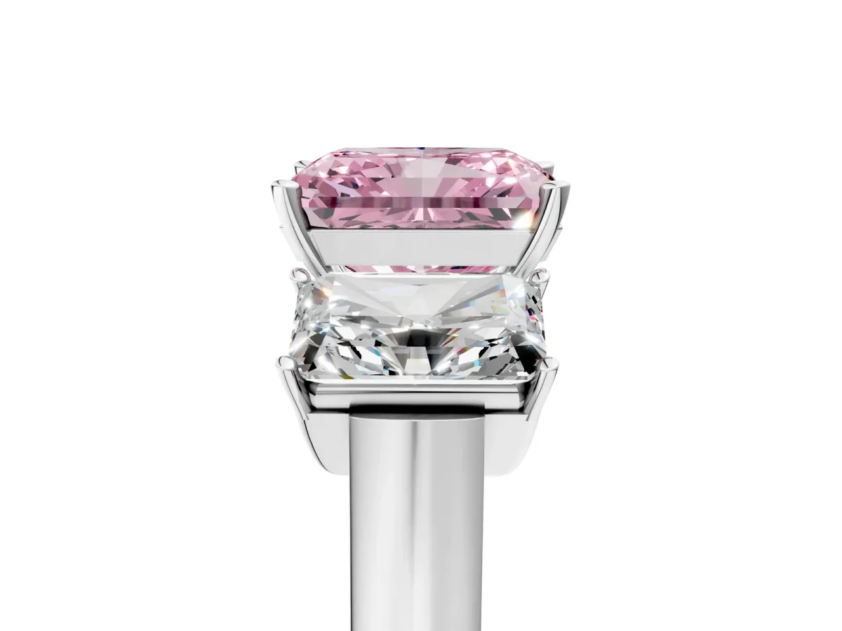 Fancy Pink Three-Stone Radiant Cut Brilliant Diamond Trellis Ring with Comfort Fit Band Platinum