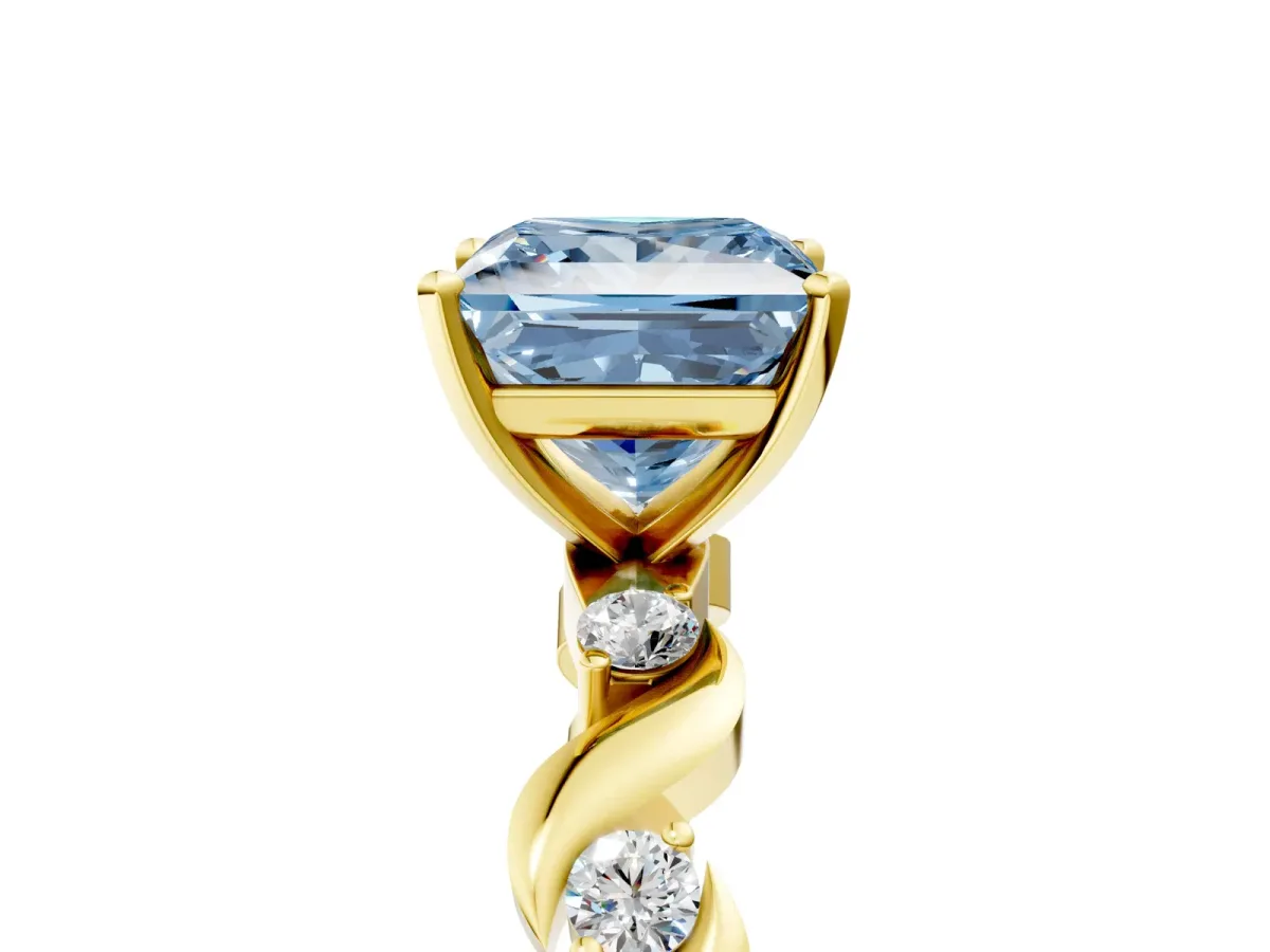 Fancy Blue Princess Cut Diamond Solitaire Twisted Band with Round Accents and Prong Setting Yellow gold