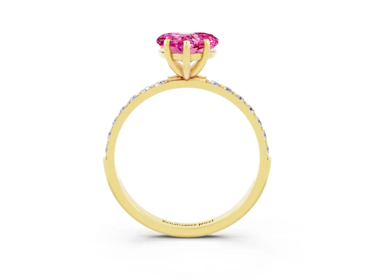 Heart Cut Pink Sapphire Solitaire Ring with Round Pavé Band and Prong Setting Yellow gold