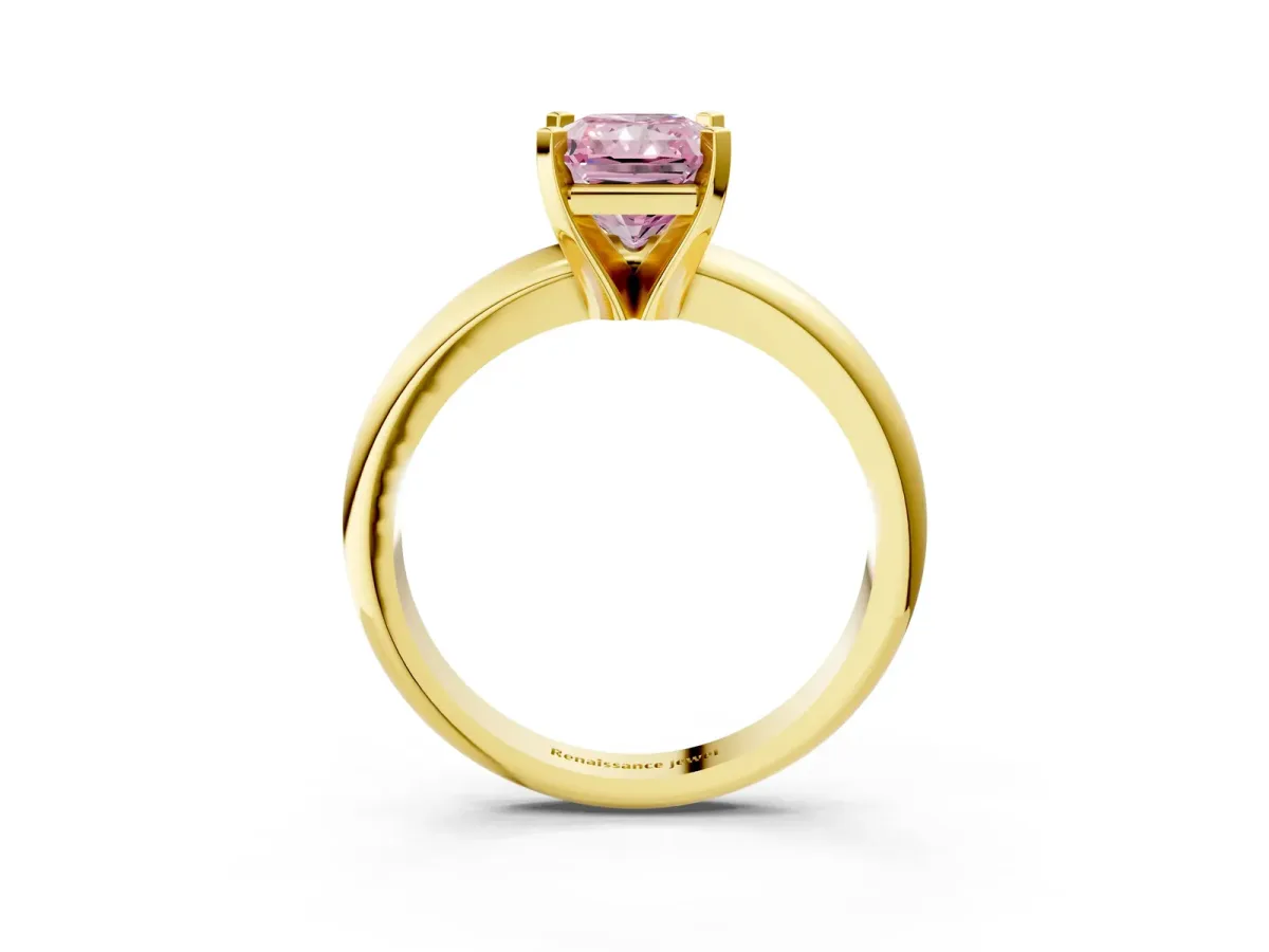 Fancy Pink Radiant Cut Diamond Solitaire Engagement Ring with Round Band and Four-Prong Setting Yellow gold