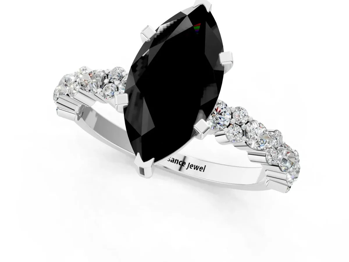 Fancy Black Marquise Cut Diamond Side Stone Solitaire Ring with Round and Four-Prong Setting White gold