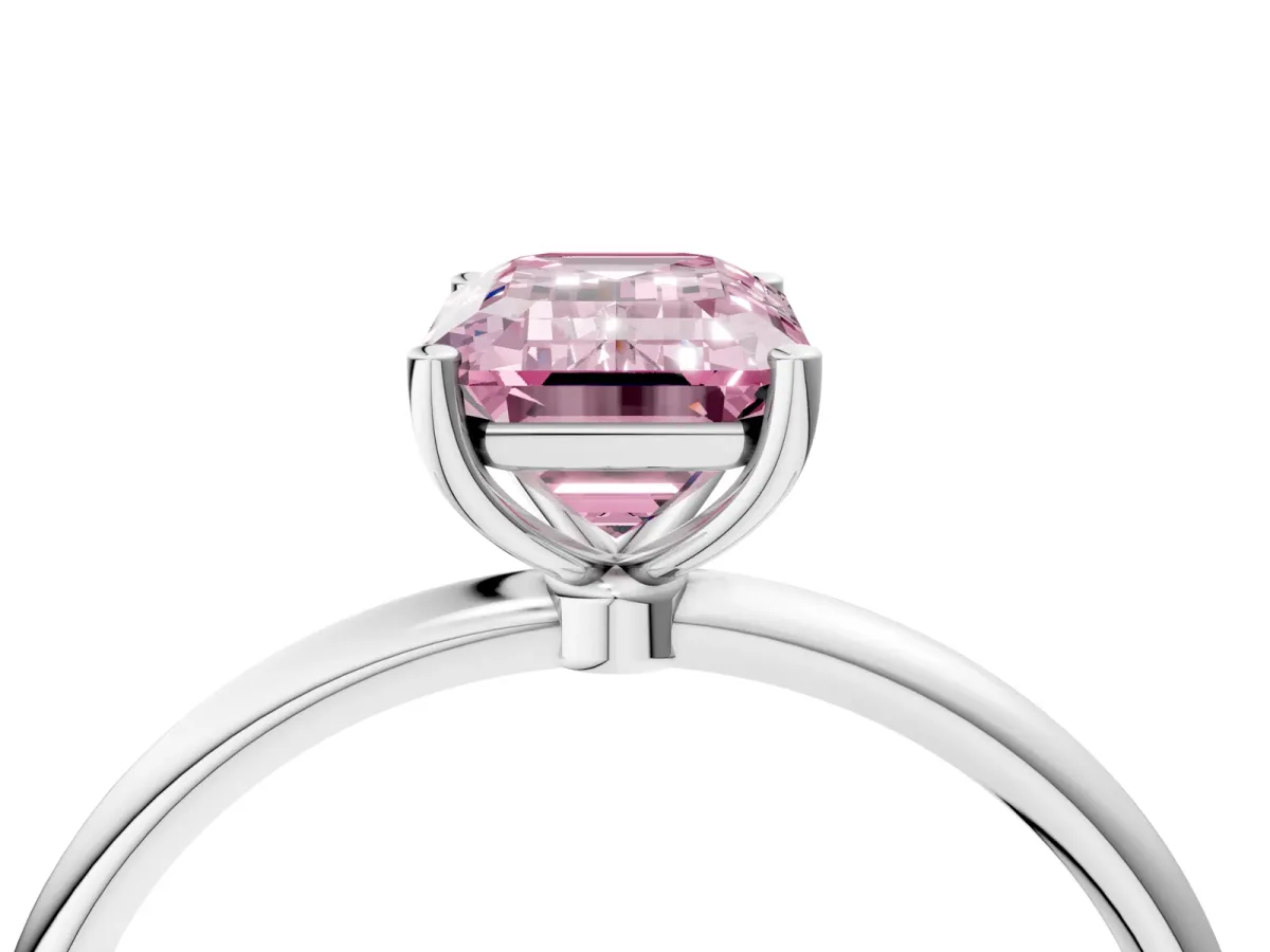 Fancy Pink Emerald Cut Cut Solitaire Engagement Ring with Thin Band and Four-Prong Setting Silver